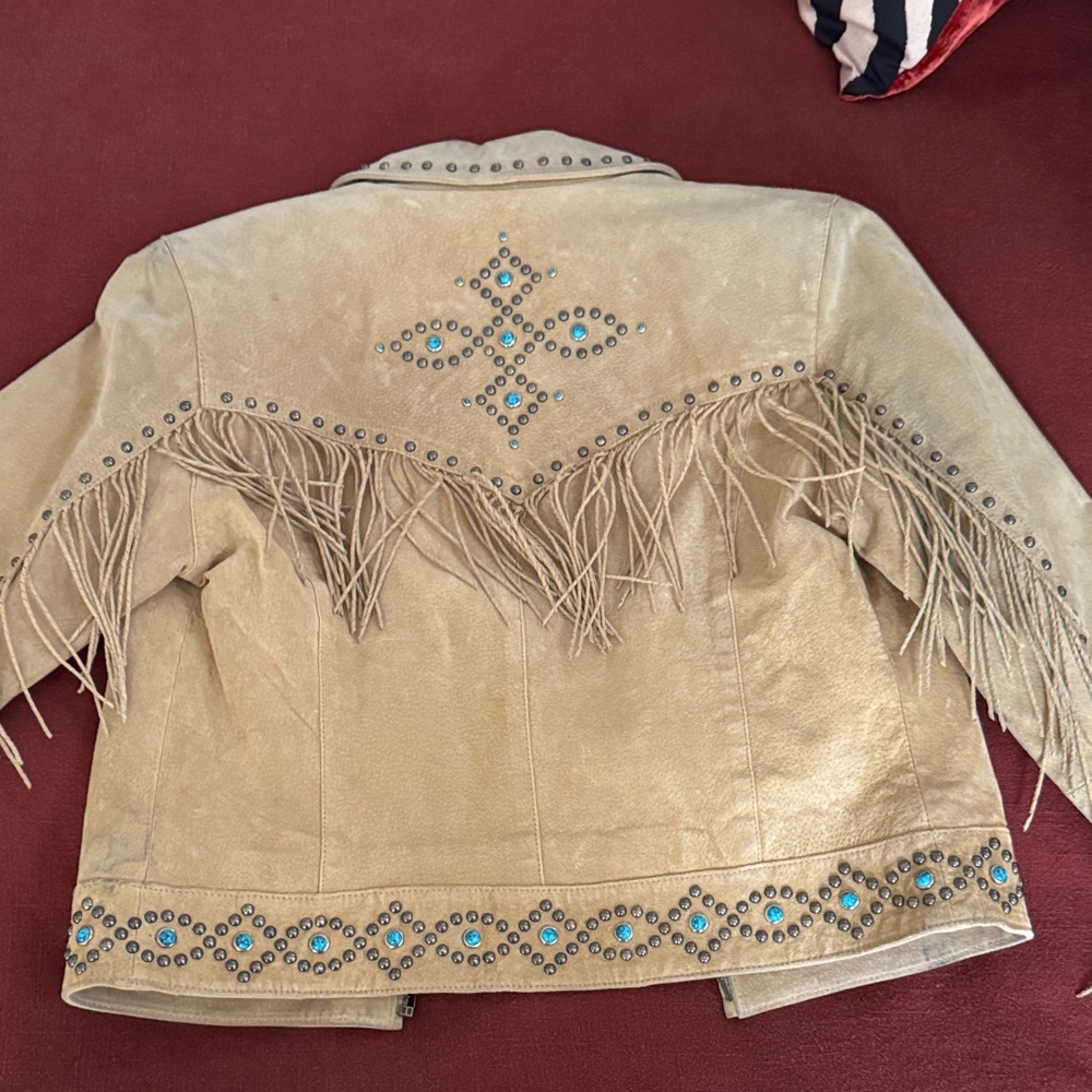 Scully Beige Fringe Leather Jacket with Turquoise Stud Accents - Picture 5 of 9